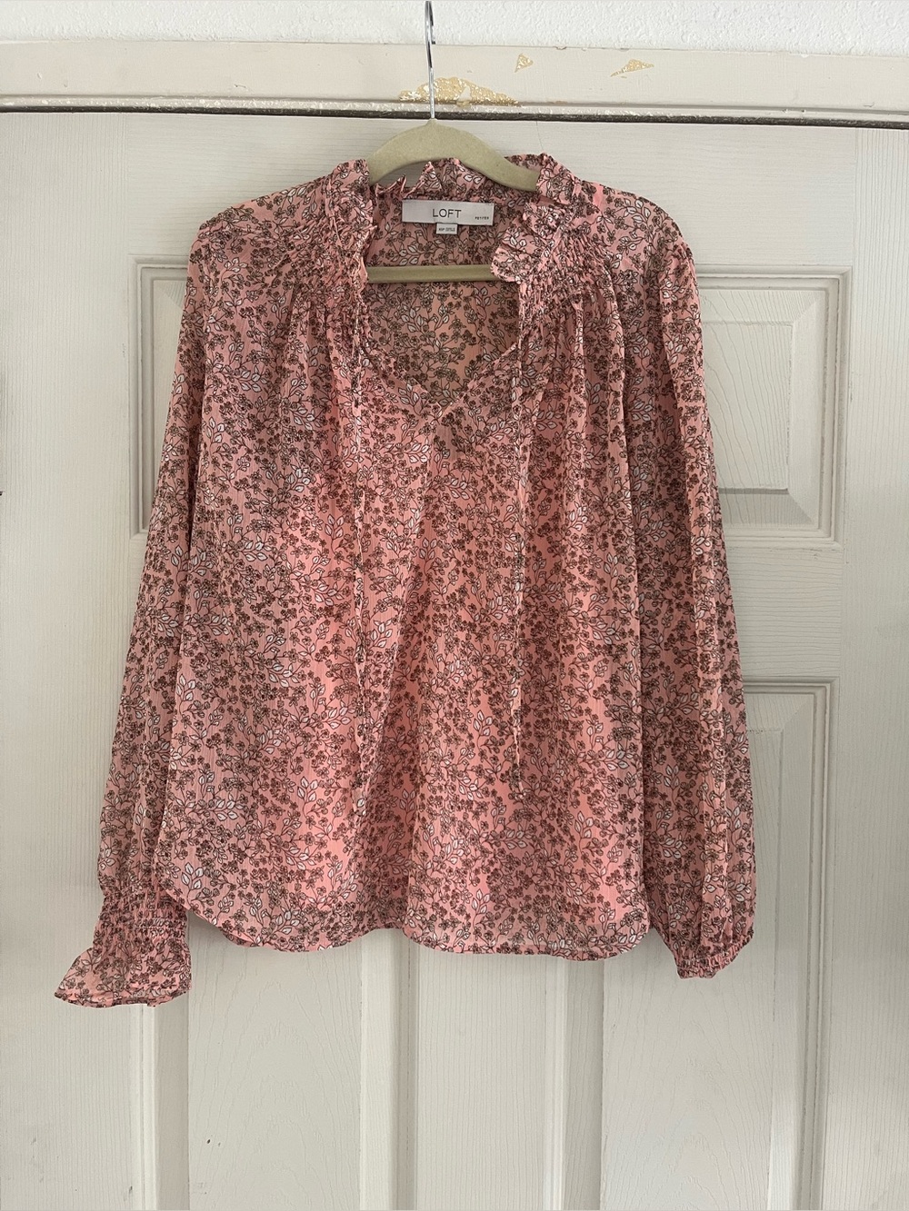LOFT Pink Floral Ruffle-Trim Sheer Blouse with Cami Tank | XS Petite